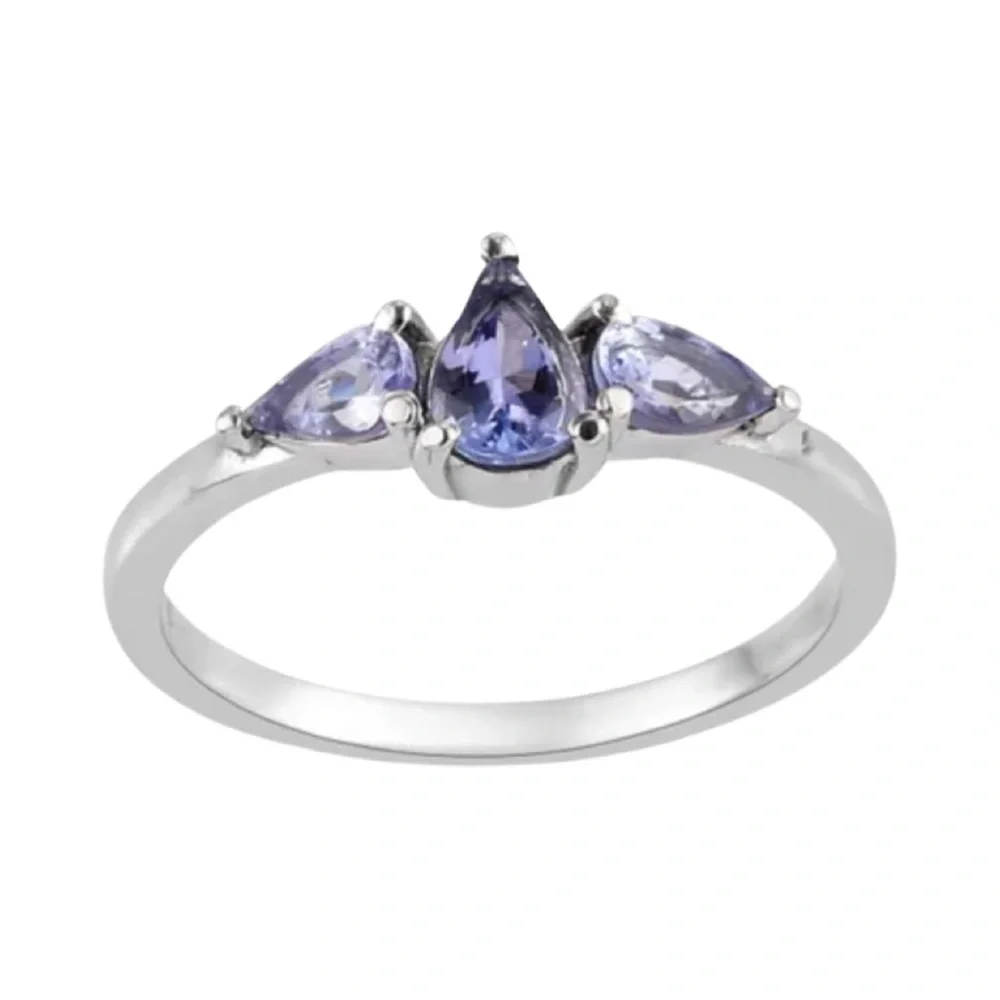 Genuine Teardrop 3 Stone Tanzanite Ring in Stainless Steel